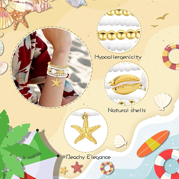 Artlunar Summer Beach Bracelet for Men Women Teens Seashell Starfish Clay Beaded Elastic Stackable Stretch Boho Friendship Bracelets Summer Jewelry Gifts Party Accessories