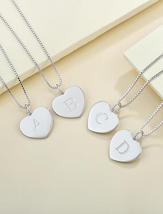 YL Initial Necklace 925 Sterling Silver Square/Round/Heart Letter Pendant A-Z Alphabet Polished Jewelry for Women