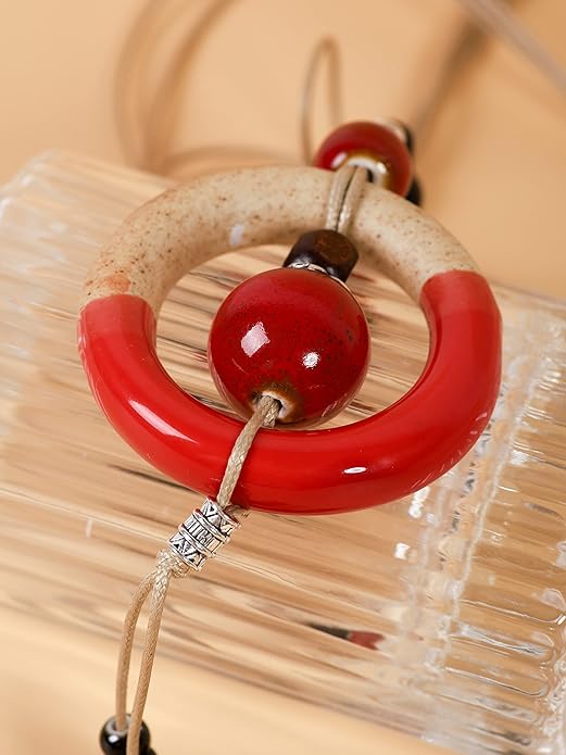 MINACHI Boho Hippie Colorful Ceramic Beads Strand O Ring Circle Charm Long Y Necklace, Vintage Bohemian Statement Jewelry Gift for Women