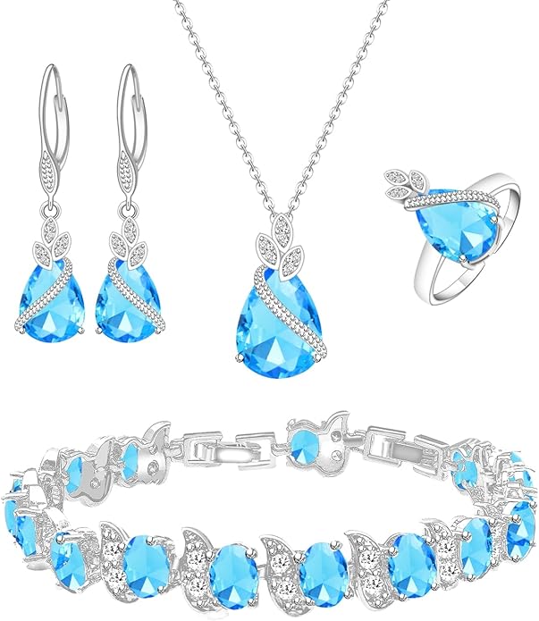 LMXXVJ Jewelry Set for Women,Teardrop Cubic Zirconia Necklace Earrings Adjustable Ring Bracelet Jewelry Set Formal Jewelry Gift