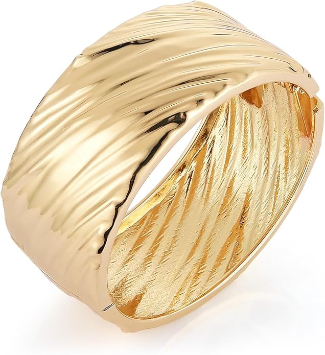 HZMAN 18K Gold Plated Wide Cuff Bracelet for Women - Premium Alloy Shiny Polished Double Layer Statement Bangle, Trendy Daily Wear Party Jewelry Accessory