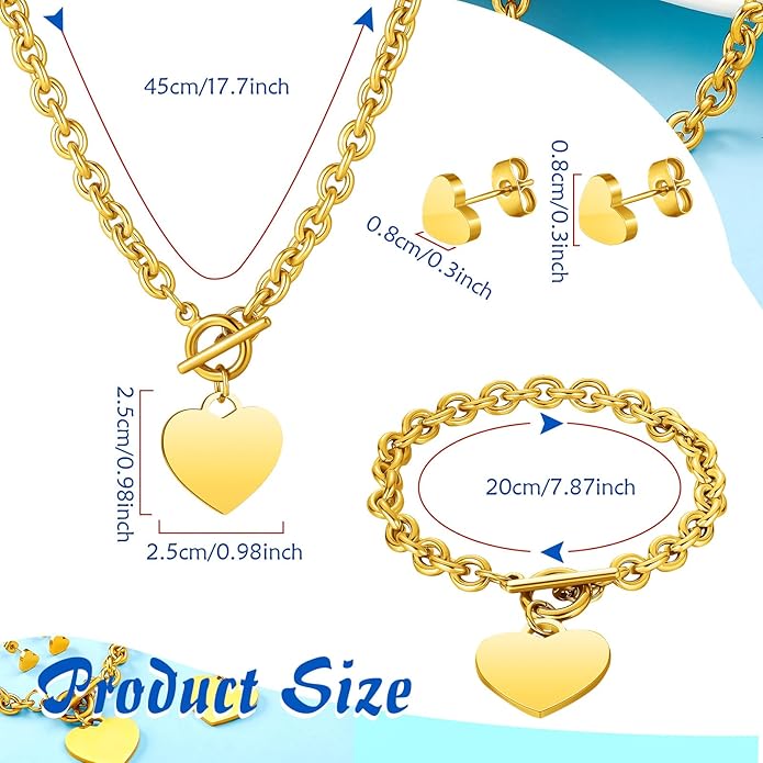 Bucherry 3 Pcs Heart Jewelry Set Bow Snowflake Jewelry Heart Pendant Chain Toggle Necklace with Bracelet Earrings Snowflake Stainless Steel Link Chain for Women Gift