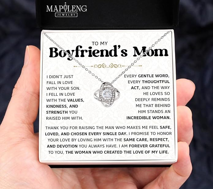 To My Boyfriend's Mom Love Knot Necklace, Elegant Jewelry Gift From Girlfriend, Meaningful Mothers Day Surprise, Birthday Christmas Keepsake With Heartfelt Message