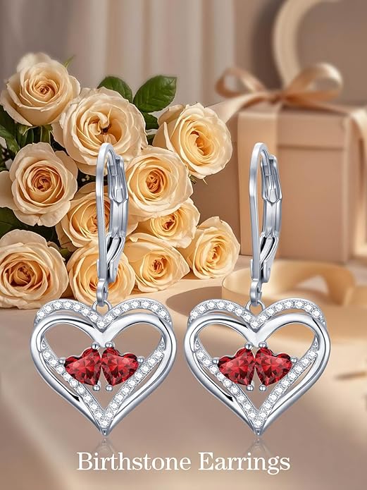 Valentines Day Gifts for Women, Heart Leverback Earrings Double Birthstone Dangle Earrings for Women, Love Jewelry for Her, Anniversary Birthday Gift for Mom Wife Girlfriend