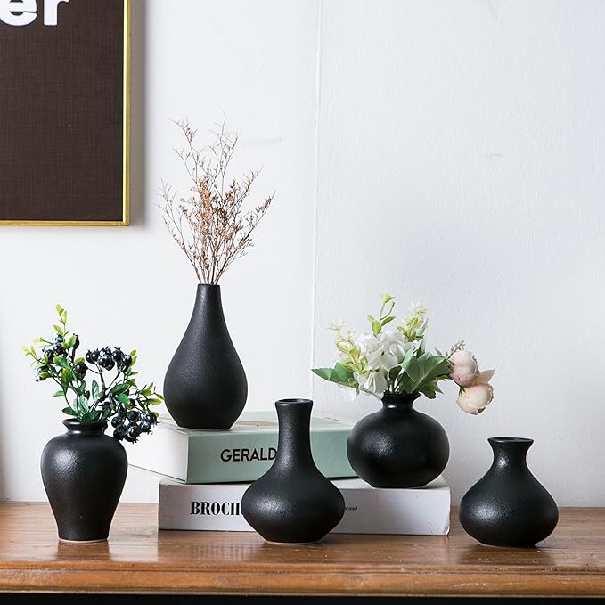 Black Bud Vases, Ceramic Small Vase Set of 5, Mini Vases by Sowlvenco