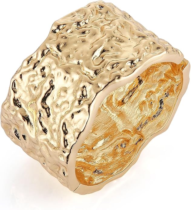 HZMAN 18K Gold Plated Wide Cuff Bracelet for Women - Premium Alloy Shiny Polished Double Layer Statement Bangle, Trendy Daily Wear Party Jewelry Accessory