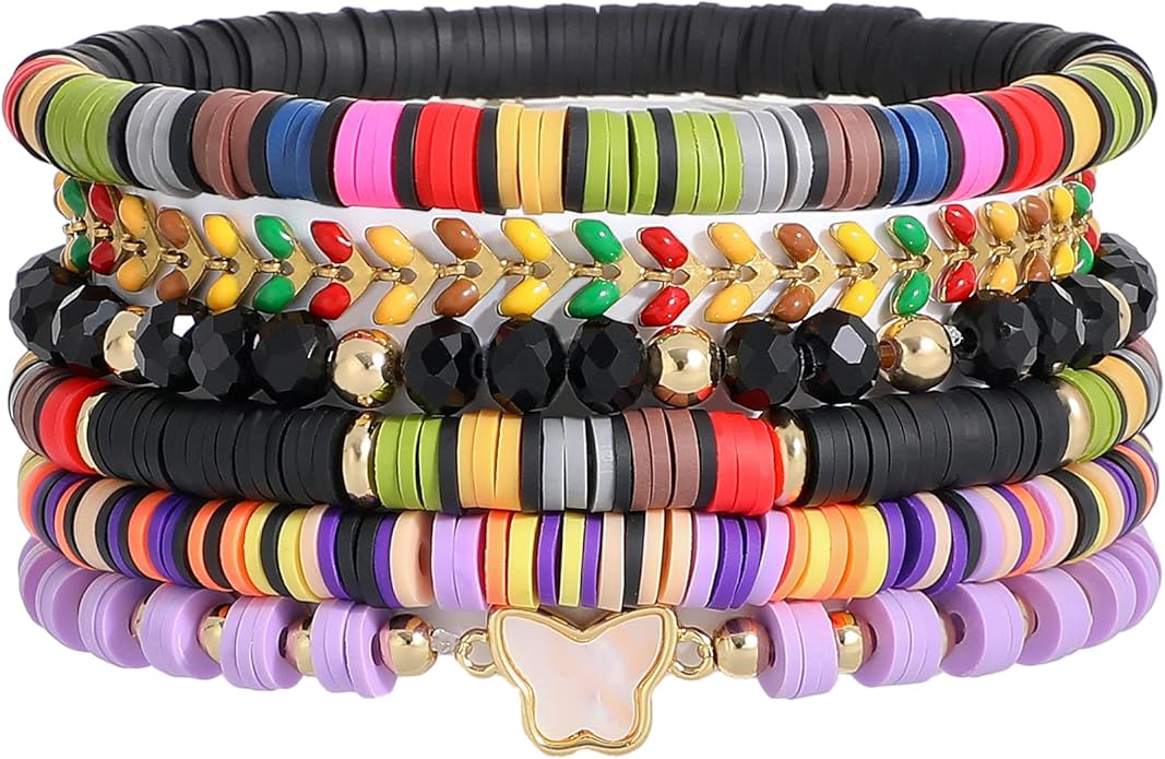 Heishi Beaded Stretch Bracelets for Women Stackable Polymer Clay Beads Bracelets Friendship Boho Summer Beach Bracelet Jewelry Set
