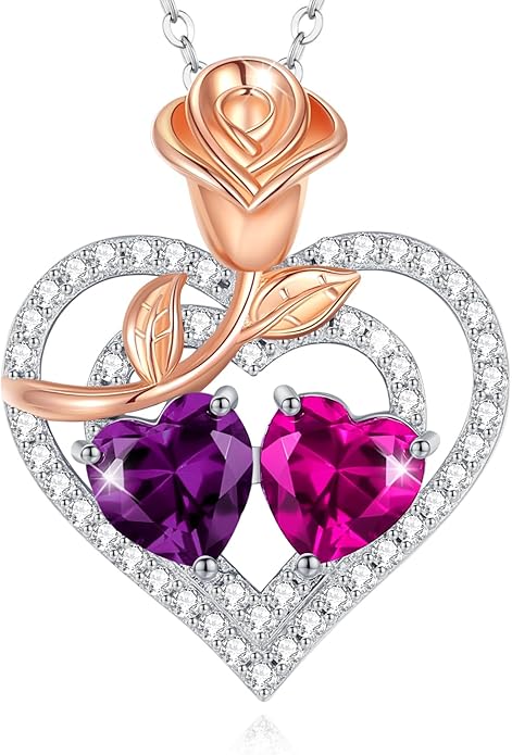 AGVANA Valentines Day Gifts Birthstone Necklace for Women Sterling Silver Rose Flower Heart Double Birthstone Jewelry Pendant Necklace Anniversary Birthday Gifts for Women Mom Wife Girlfriend Her