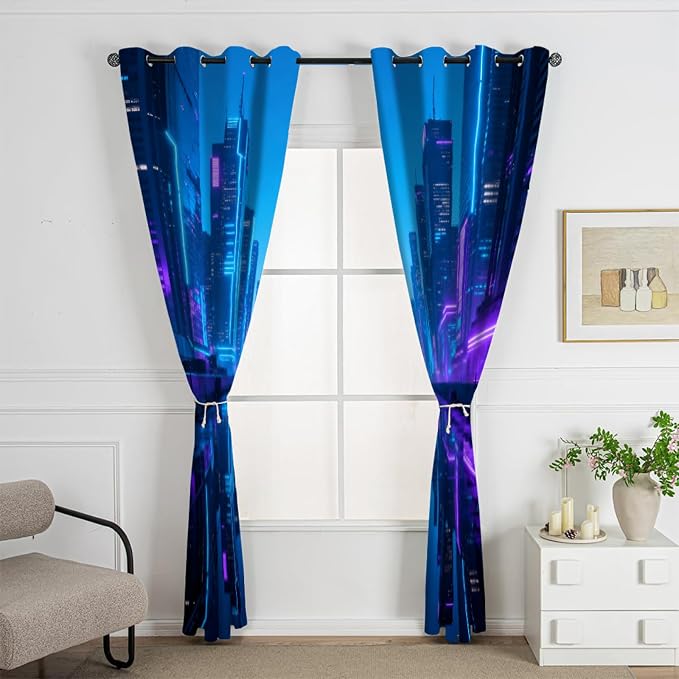 Punk City Curtains, Neon City Blackout Curtains 96 Inch Long, City Night - Image 2