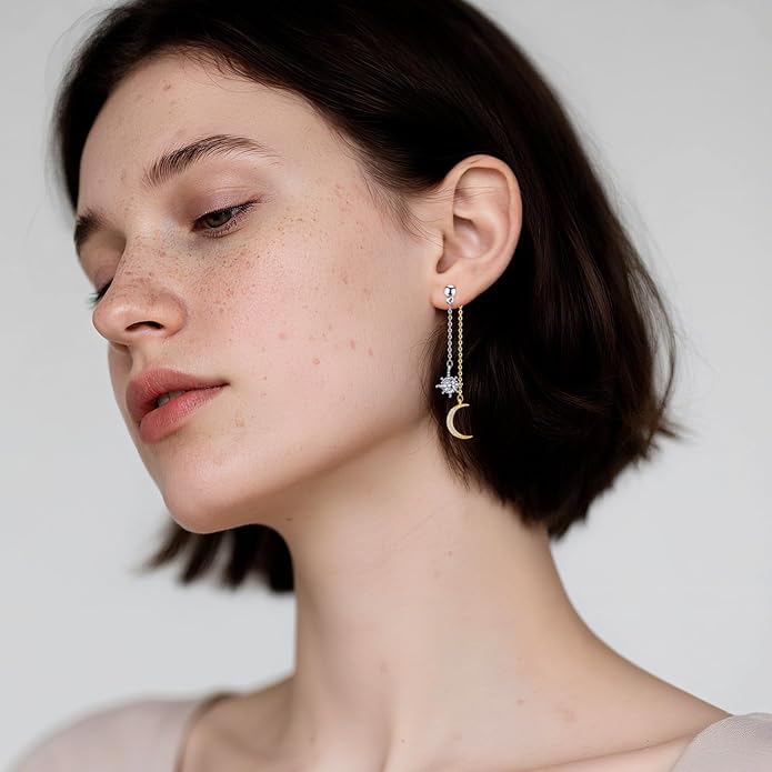 Moon and Star dangle Earrings for Women Chain Tassel with Cubic Zirconia Drop Celestial Jewelry for Wedding Gift