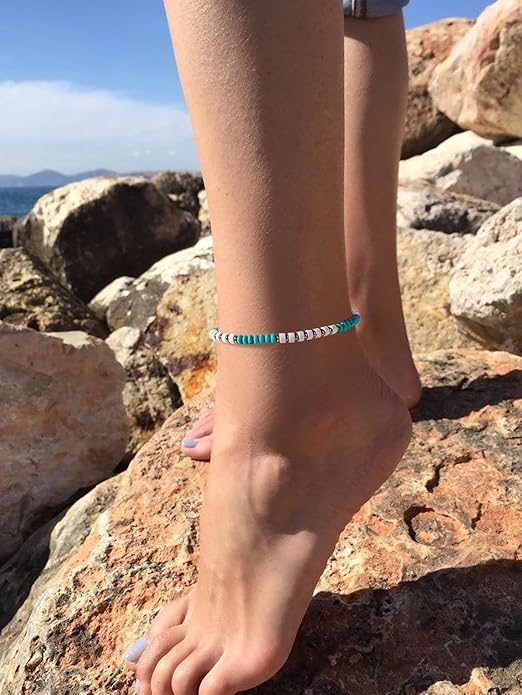 XIJIN Natural Stone Beaded Anklets for Women Handmade Beach Boho Turquoise Beads Ankle Bracelet Jewelry Gift for Her
