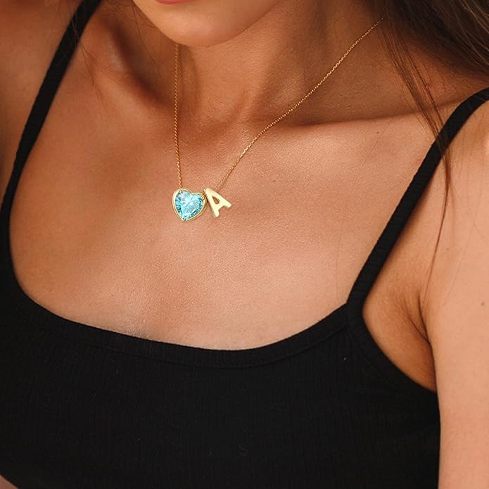 Valentines Day Gifts for Her- Heart Birthstone Initial Necklace for Women Girls,14K Gold Plated Heart Letter A-Z Necklace Birthday Trendy Jewelry Gifts for Women Girls Daughter