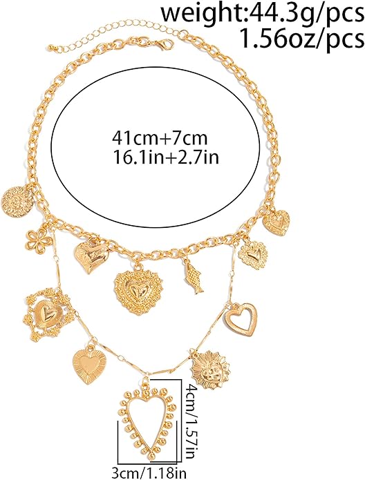 Gold Heart Chunky Charm Necklace for Women with Matching Bracelet, Healing Boho Jewelry Set, Italian Mirror-Polished Alloy, Spiritual Energy Pendant for Meditation, Growth & Inner Strength Gift