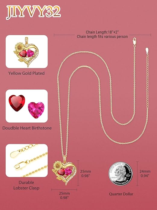 Sunflower Heart Necklace for Women 14K Gold Exquisite Valentines Day Anniversary Birthday Gifts for Wife Mother Her Double Birthstone Pendant Jewelry‘You Are My Sunshine’