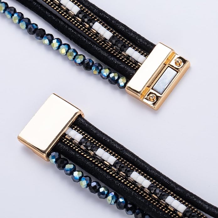 FANCY SHINY Leather Wrap Bracelets Crystal Beads Bracelet Boho Cuff Stone Charm Bracelets with Clasp Costume Jewelry for Women