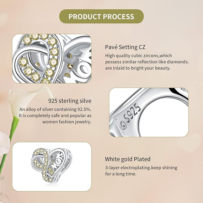 VOROCO 925 Sterling Silver mom Charm for Bracelets Necklaces pendant Charms,Infinity Love Heart Charms for Mother Birthday Christmas day Jewelry Gifts