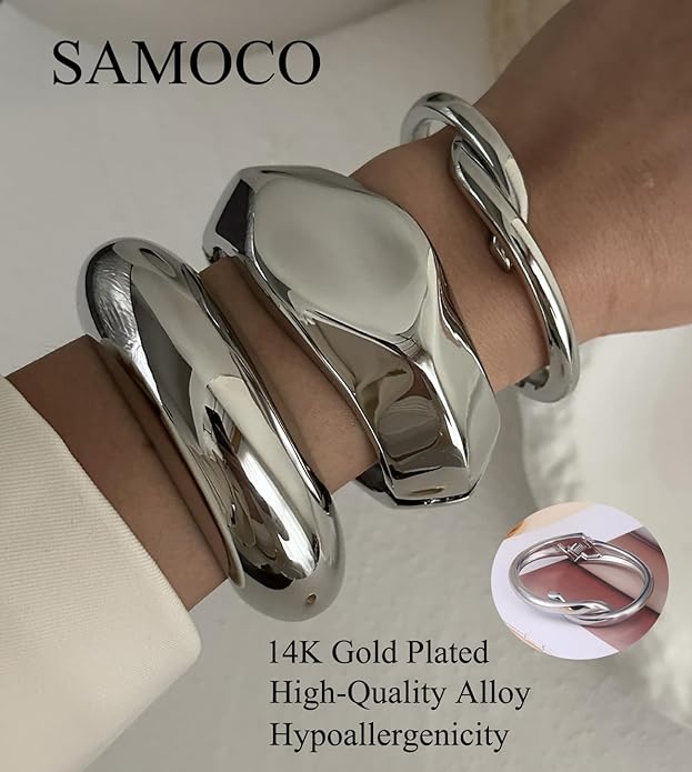 SAMOCO 3Pcs Chunky Gold Bangle Bracelets for Women Trendy Wide Wrist Cuff Bracelets Stack Statement Bangle Fashion Gifts