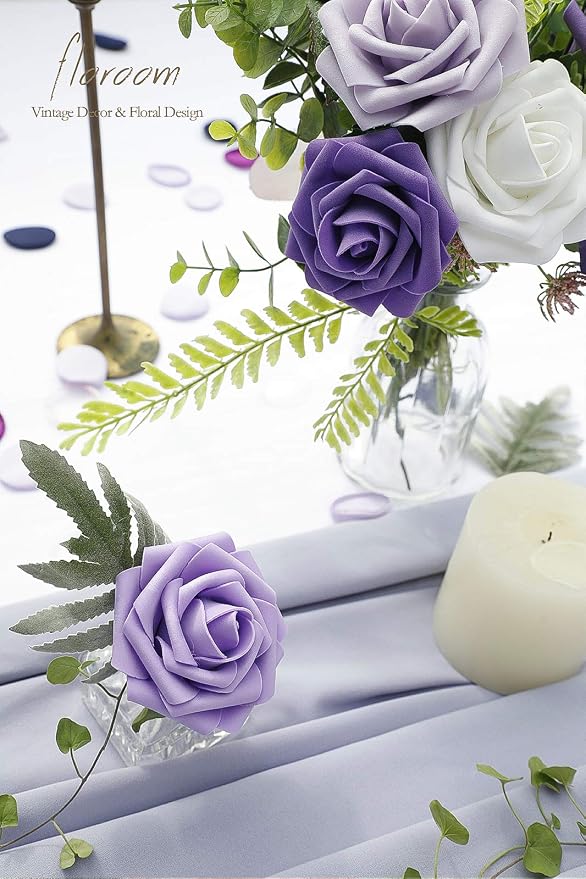Artificial Flowers 25pcs Real Looking Violet Purple Ombre Colors Foam Fake Roses - Image 3