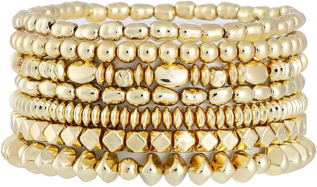 Gold Plated Beaded Bracelets for Women Trendy, 14K Gold Plated Stack Cross Pearl Gold Plated Bead Stretch Bracelets Set Elastic Hypoallergenic Bracelets Jewelry Gifts