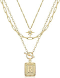 MJartoria Layered Initial Necklaces for Women Trendy, 14K Gold Plated Brass Simple Star Choker Square Letter Pendant Necklace, Paperclip Chain Necklaces Jewelry Gifts