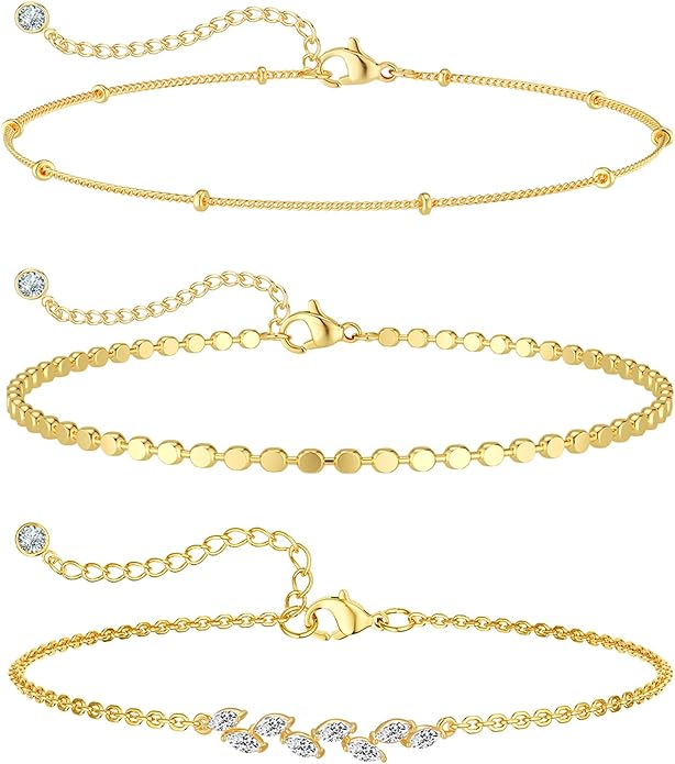 MIDEEO Gold/Silver Ankle Bracelets for Women,14K Gold Anklets for Women Waterproof Cuban Link Heart Beads Herringbone Rhinestone Anklets Set Layered Anklet Bracelets for Women Gold Jewelry Gift