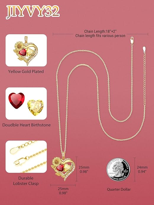 Sunflower Heart Necklace for Women 14K Gold Exquisite Valentines Day Anniversary Birthday Gifts for Wife Mother Her Double Birthstone Pendant Jewelry‘You Are My Sunshine’