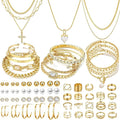 57pcs Gold Jewelry Set With 3 PCS Necklace, 12 PCS Bracelet,20pcs Hoop Stud Earrings,22pcs rings set For Women For Birthday Gifts