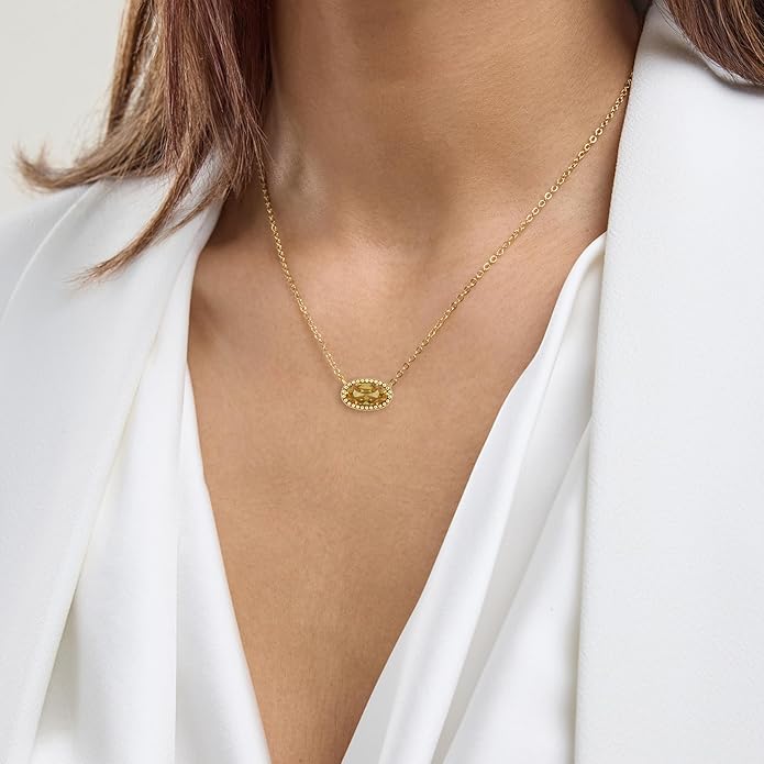 Belacqua Gemstone Necklace in 14K Gold Plated Sterling Silver, Oval Pendant Size 6 * 12mm, 15" Cable Chain with 2" Extender, Spring Ring Clasp, Dainty Birthstone Necklace for Women, Gift Box Included