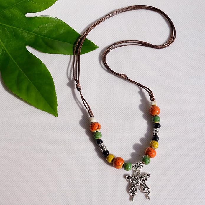 Boho Style Colorful Ceramic Bead Strand Necklace Adjustable Bohemian Jewelry Gift for Women, Fashion Clothing Matching Necklace