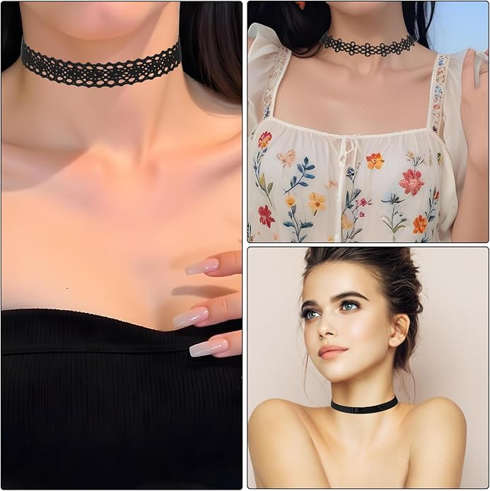 Bremorou 6 Pcs Choker Necklace for Women Black Velvet Chokers Adjustable Vintage Gothic Elastic Choker for 90s Style Classic Punk Lace Chokers Fit Party Cosplay Birthday Gifts Black