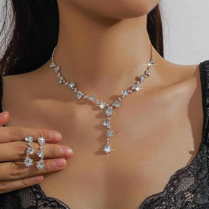 Silver Rhinestone Prom Jewelry Set for Women,Black Glitter Crystal Chain Choker Necklace Cz Drop Earring for Wedding Bridal,Formal Costume Accessories