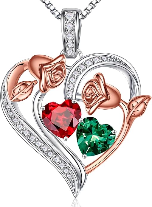 Iefil Valentines Day Gifts for Her - 925 Sterling Silver Rose Heart Necklace, Birthstone Jewelry, Anniversary Birthday Gifts for Wife Girlfriend Mom Daughter