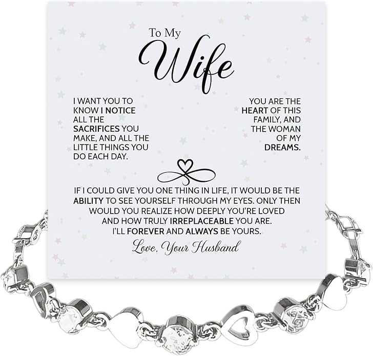 “To My Wife Heart Bracelet – Crystal Heart Link Jewelry Gift with Message Card”.