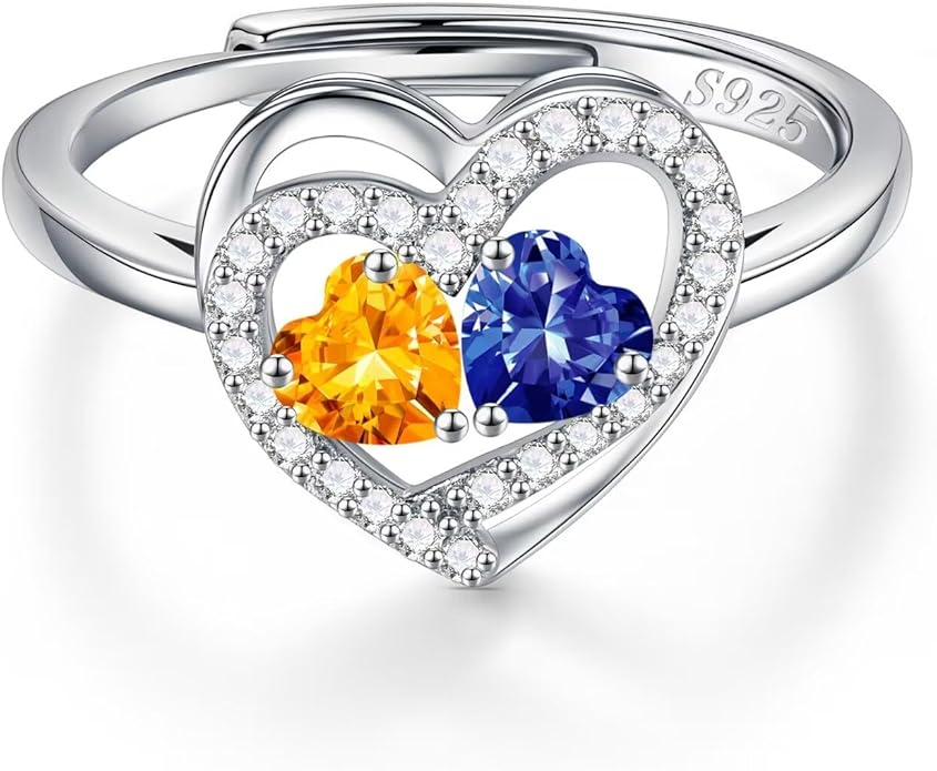 Iefil Adjustable Ring for Women - 925 Sterling Silver Double Birthstone Rings, Anniversary Birthday Gifts for Women Wife Her