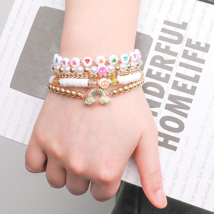 Bohemian Colorful Beaded Bracelets for Women Boho Stackable Natural Stone Letter Clay Glass Beads Stretch Bracelet Set with Charm, Cute Rainbow Friendship Bracelets for Summer Vacation