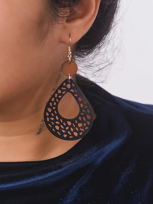 MINACHI Bohemian Hollow Cut-Out Wood Leather Dangle Drop Earrings, Boho Chic Hippie Statement Jewelry Gift for Women