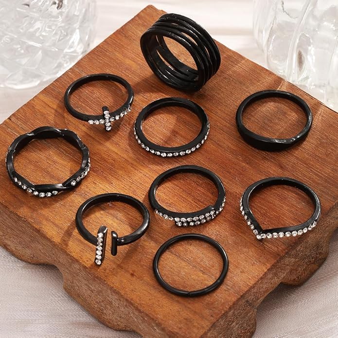 KISS WIFE Goldenen Silvery Black Kunckle Rings Set for Women, Dainty Simple Trendy Cute Stackable Finger Rings Pack, Perfect for Stacking Layering on Thumb and Knuckle, Mixed Size, Jewelry Gift