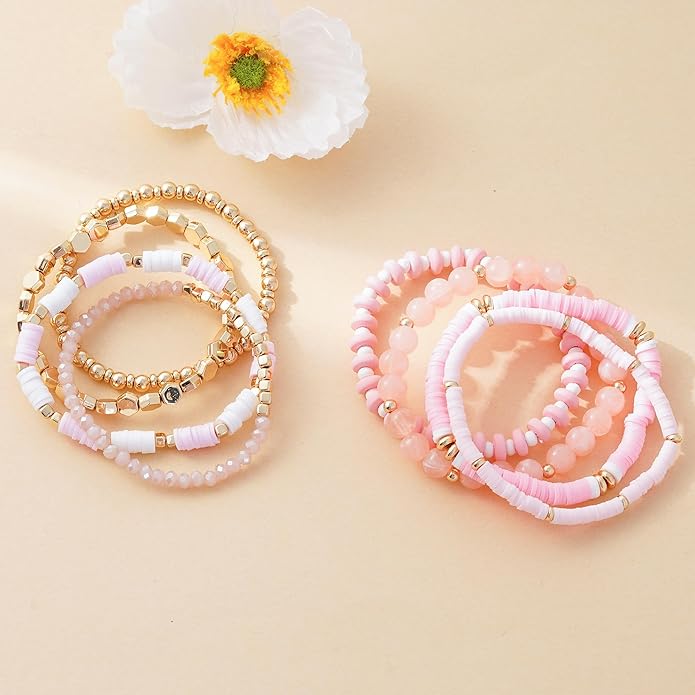 GOOJIDS Surfer Heishi Clay Bead Bracelets for Women Bohemian Stackable Gold Plated Beaded Stretch Bracelets Elastic Layering Friendship Bracelets Set Boho Jewelry