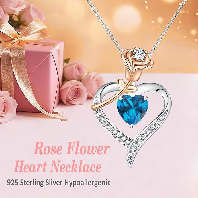 immobird Rose Gold Heart Necklace Birthstone Jewelry Sterling Silver Jewelry Plated White Gold Valentine's Day Gift Women for Wife Mom Necklace for Women
