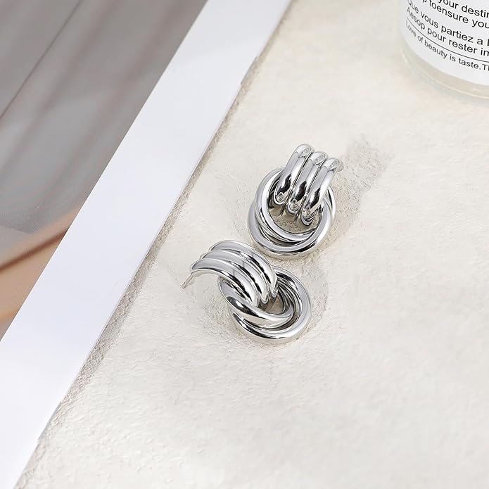 Chunky Gold Knot Earrings for Women, Gold Silver Statement Geometric Drop Dangle Long Link Earrings Trendy Dupes Jewelry