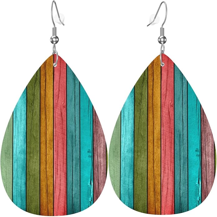 Vintage Wood Wooden Print Faux Leather Teardrop Earrings for Women Drop Dangle Earrings