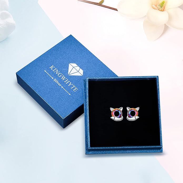 KINGWHYTE Fox Earrings 925 Sterling Silver Animals Earrings Cute Crystal Fox Stud Earrings Hypoallergenic Earrings Birthday Christmas Jewelry Gifts for Women