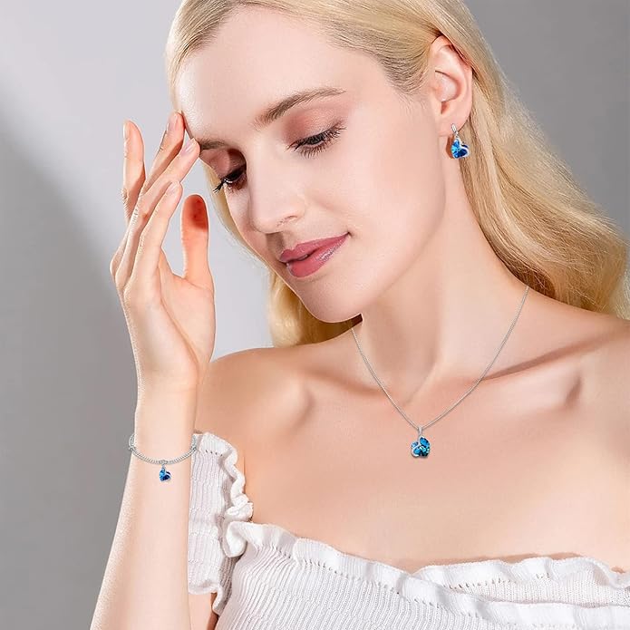 Blissful Heart Crystal Jewelry Sets For Women 18K White Gold Plated Bracelet Necklace and Earrings Sets for Wife Girlfriend or Mothers Idea Gift for Special Women in Life
