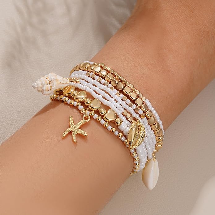 Shell Bracelet Seashell Boho Beaded Stretch Bracelets for Women Summer Beach Bracelets Starfish Charm Bracelet Stackable Gold Plated Bracelets Set for Women