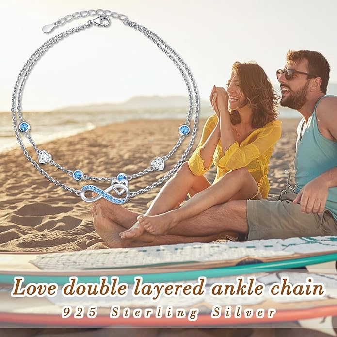 S925 Sterling Silver Infinity Heart Ankle Bracelet Endless Love Symbol Charm Adjustable Jewelry Summer Beach Stylish Gifts for Mom Wife Women