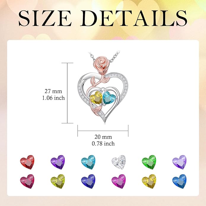 Rose Flower Heart Pendant for Women Birthday Gifts 18k Gold Plated Mother Daughter Necklace with 12 Months Birthstone Christmas Valentines Day Gifts for Her Mom Anniversarry Jewelry for Mom Wife Girlfriend