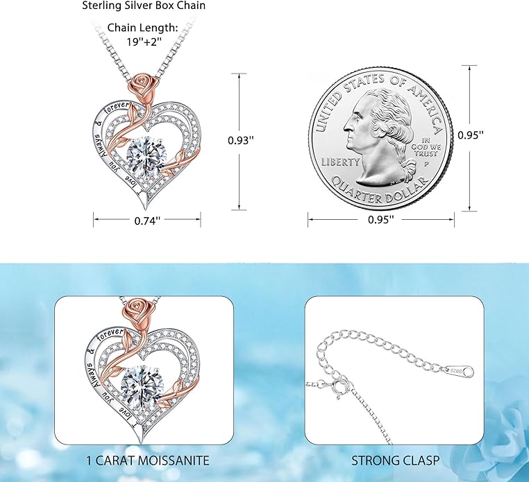 MOOSEA Valentines Day Gifts for Her - 925 Sterling Silver Rose Heart Moissanite Necklace, 1-3 ct VVS1 Clarity Lab Created Moissanite Anniversary Birthday Gifts for Mom Wife Girlfriend Jewelry Gift