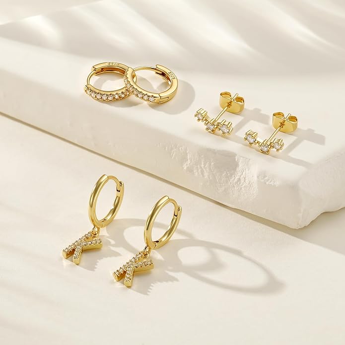 Valentines Day Gifts for Kids Girls - 3 Pairs Gold Earrings for Women Huggie Hoop Earrings for Girls with Initial Dangle Cartilage Earring Studs Hypoallergenic Earring Set for Multiple Piercing