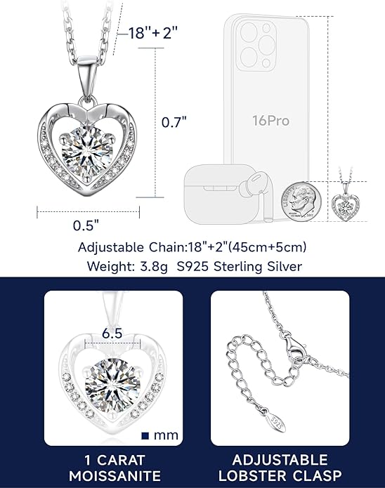 MomentWish Heart Necklace for Women Moissanite, Simulated Diamond, 925 Sterling Silver
