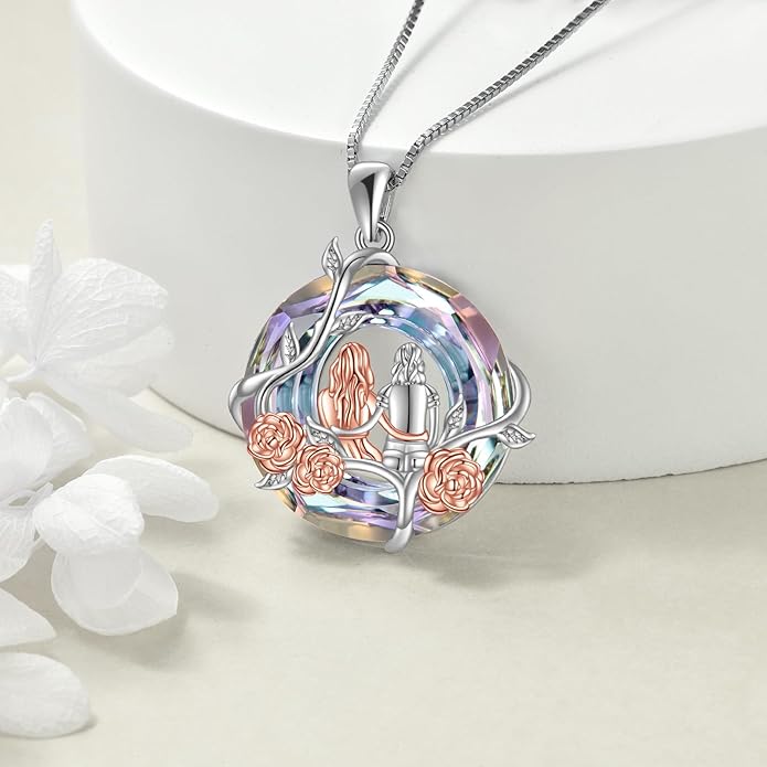 TOUPOP Sisters Gifts from Sister Necklace Sterling Silver Rose Flower with Crystal Jewelry Valentines Day Birthday Gifts for Women Best Friend Friendship
